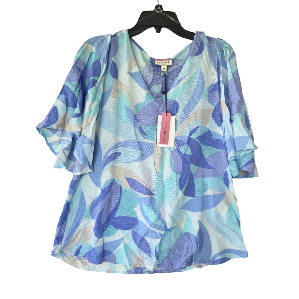 NWT Andree by Unit Women M Blue Green Abstract Print Boho Flutter Sleeve Top